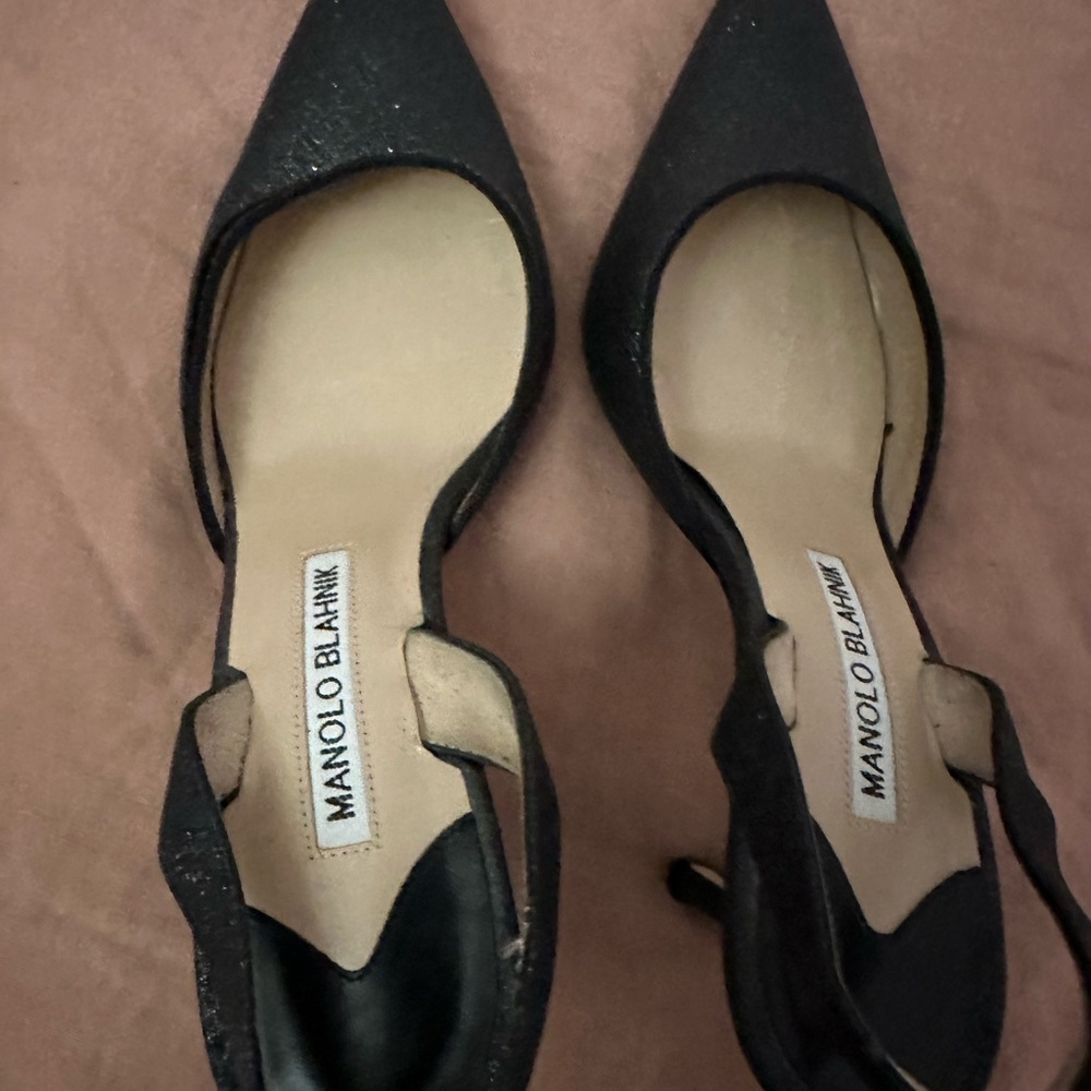 Manolo Blahnik Carolyne Low Heel Women's Slingback Pumps Black Glitter EU 35.5 - Picture 2 of 6
